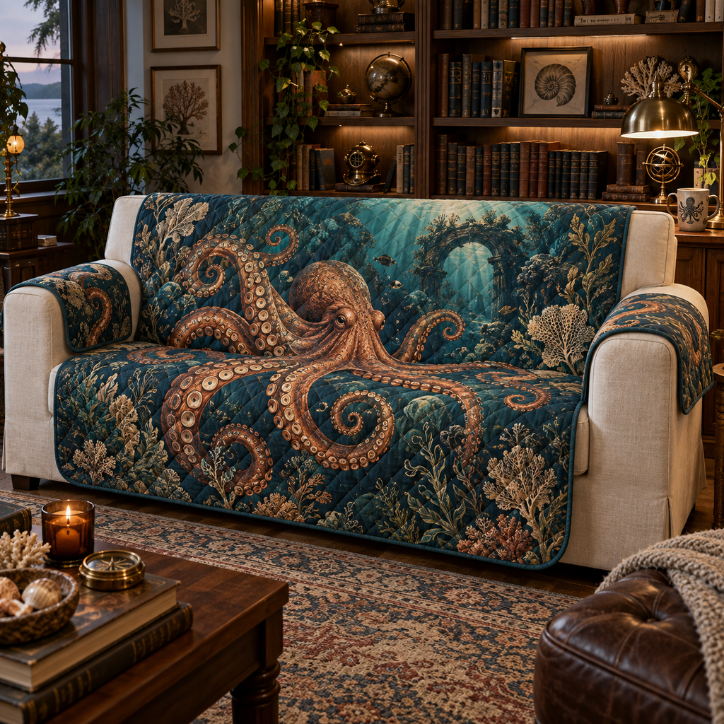 One sofa cover with original Octopus Library Reef optical-depth print.