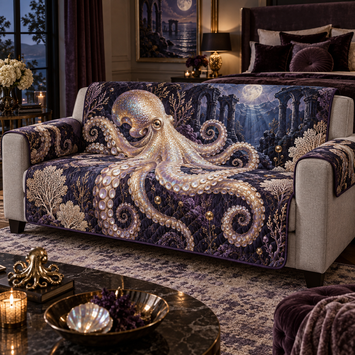 One sofa cover with original Octopus Opal Nocturne optical-depth print.