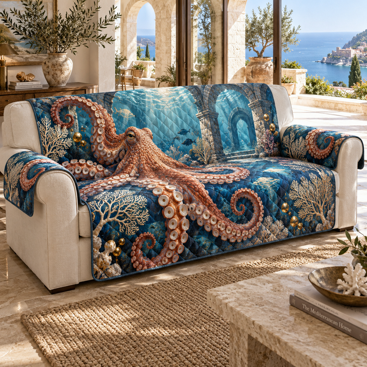 One sofa cover with original Octopus Terracotta Atrium optical-depth print.
