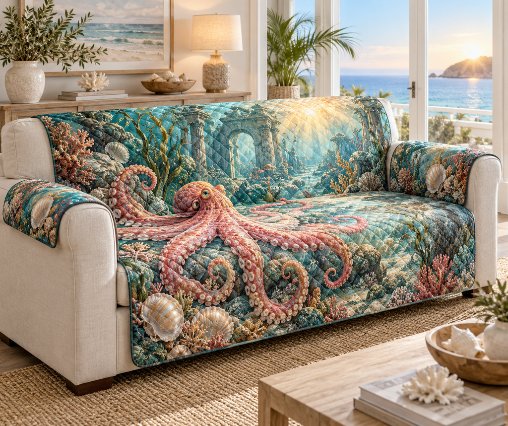 One sofa cover with original Octopus Sunrise Haven optical-depth print.
