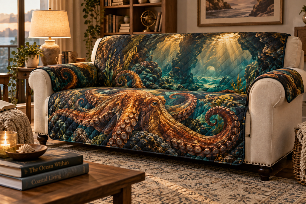 One sofa cover with original Octopus Amber Grotto optical-depth print.