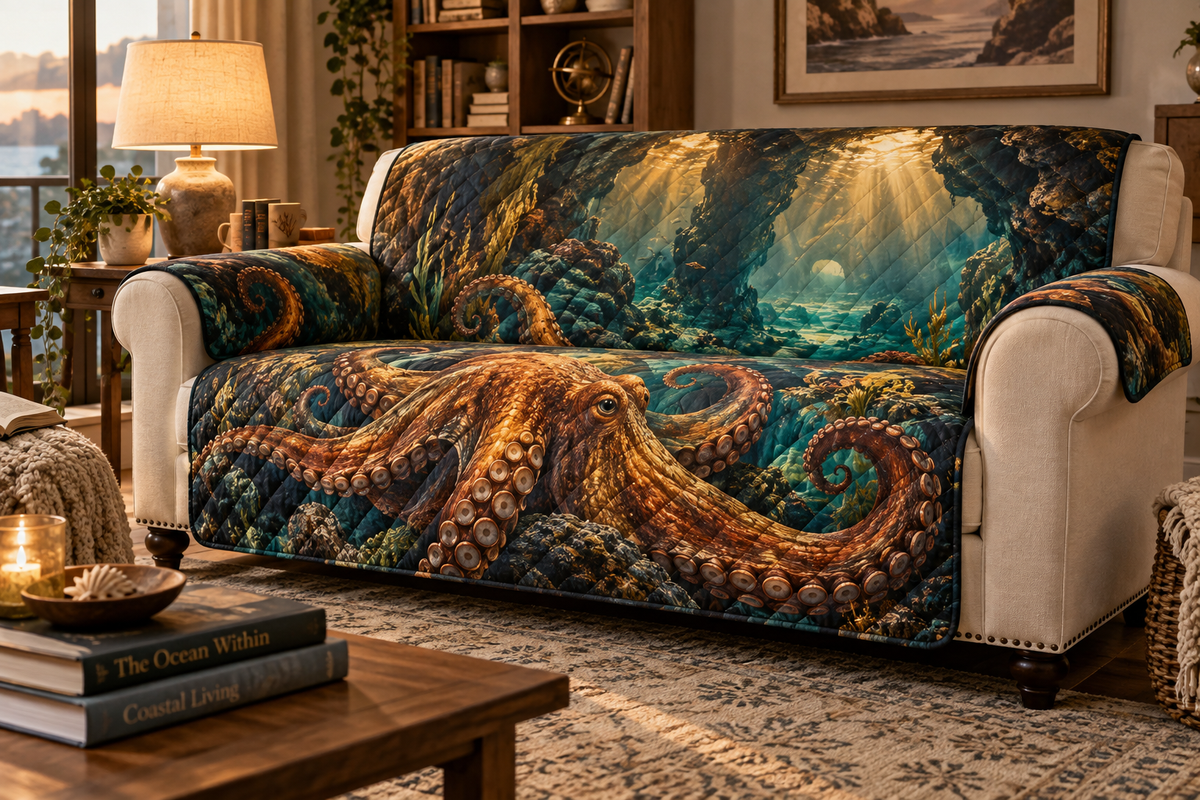 One sofa cover with original Octopus Amber Grotto optical-depth print.