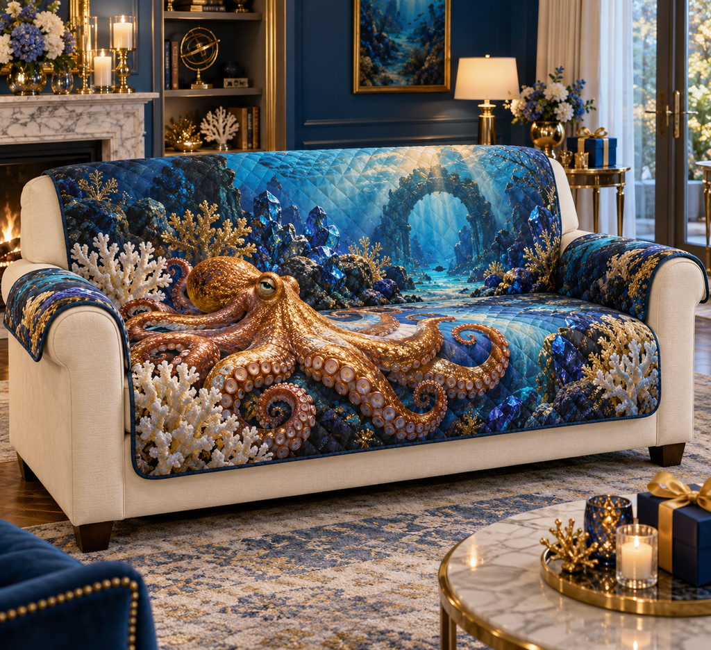 One sofa cover with original Octopus Midnight Cabinet optical-depth print.