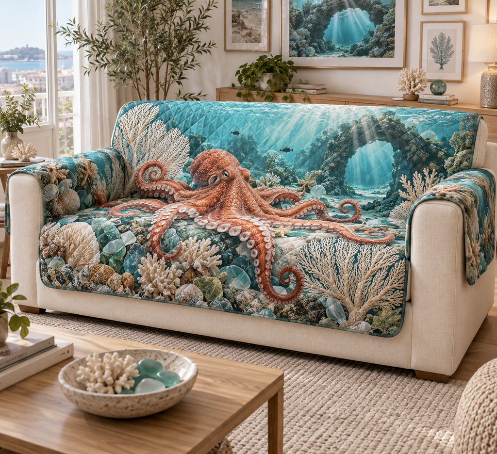 One sofa cover with original Octopus Sea-Glass Gallery optical-depth print.