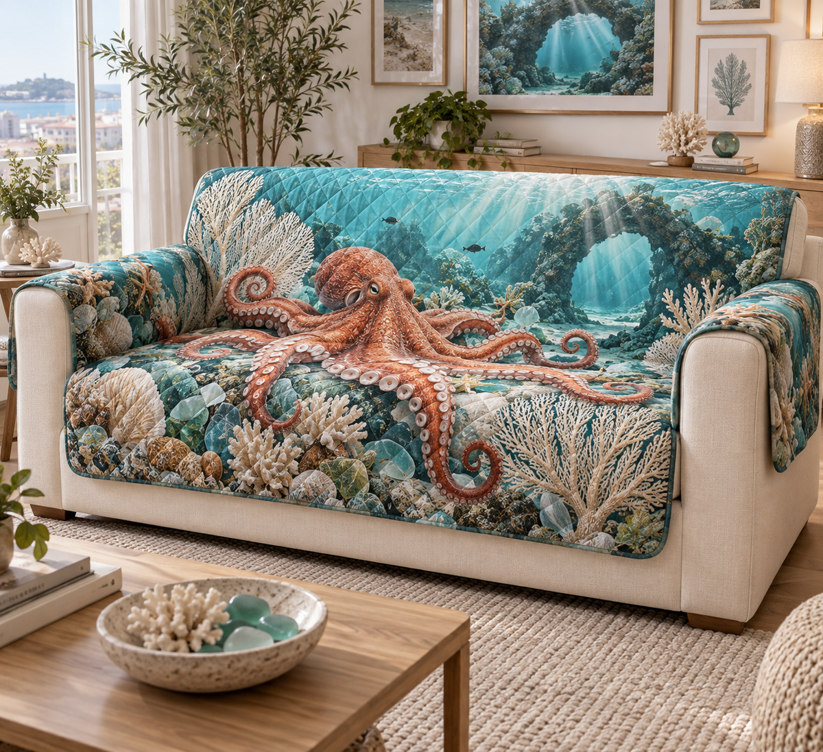 One sofa cover with original Octopus Sea-Glass Gallery optical-depth print.