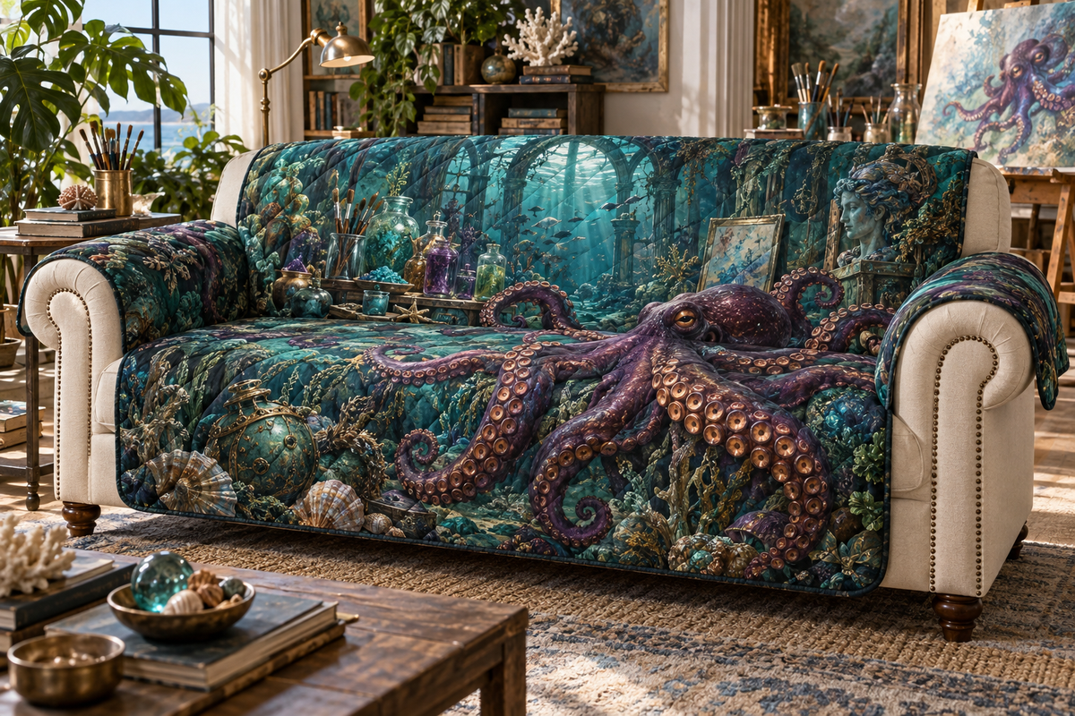 One sofa cover with original Octopus Verdigris Atelier optical-depth print.