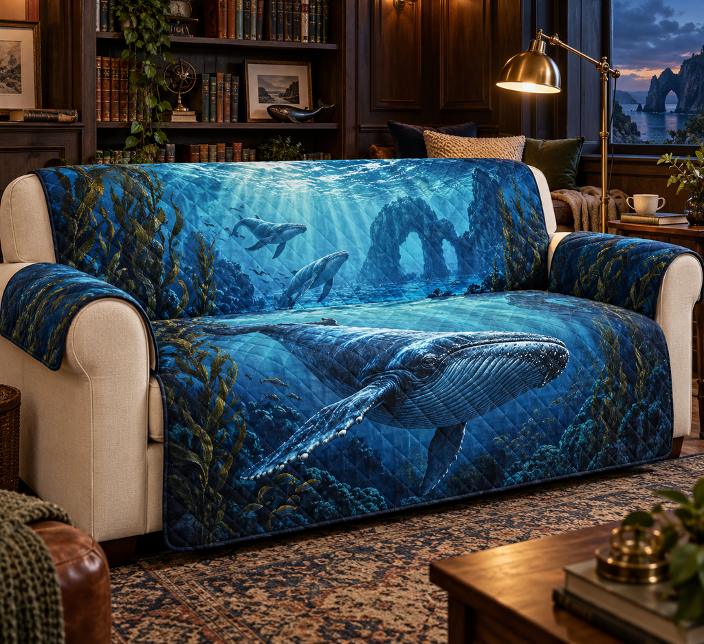 One sofa cover with original Whale Migration Midnight Library optical-depth print.