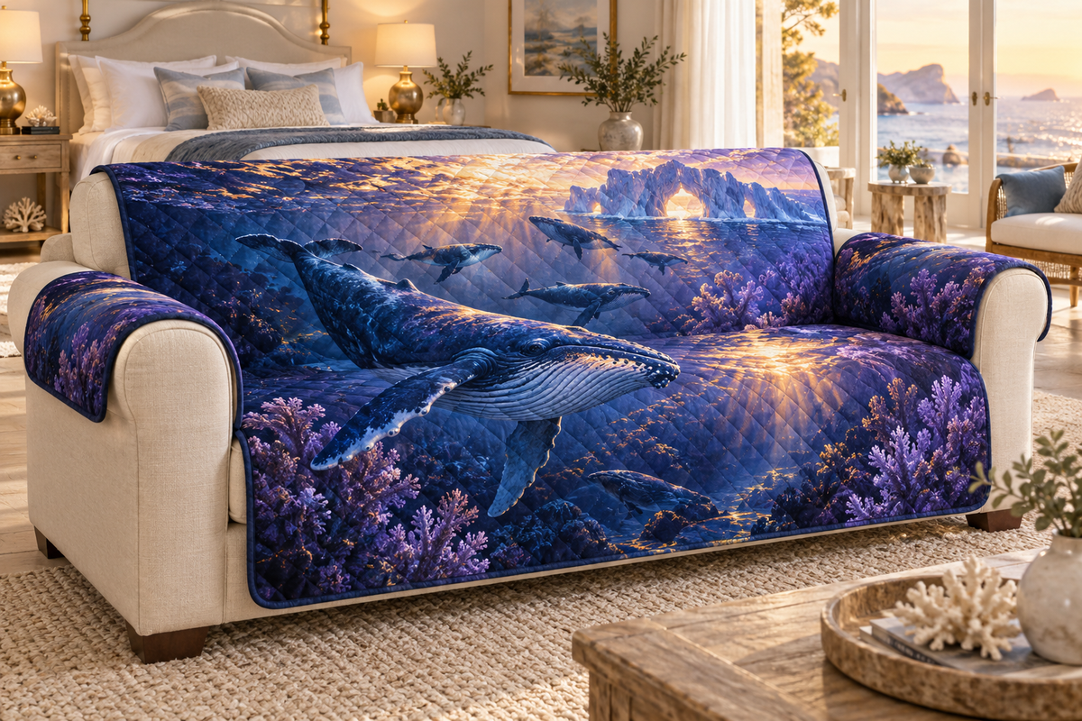 One sofa cover with original Whale Migration Aurora Cathedral optical-depth print.
