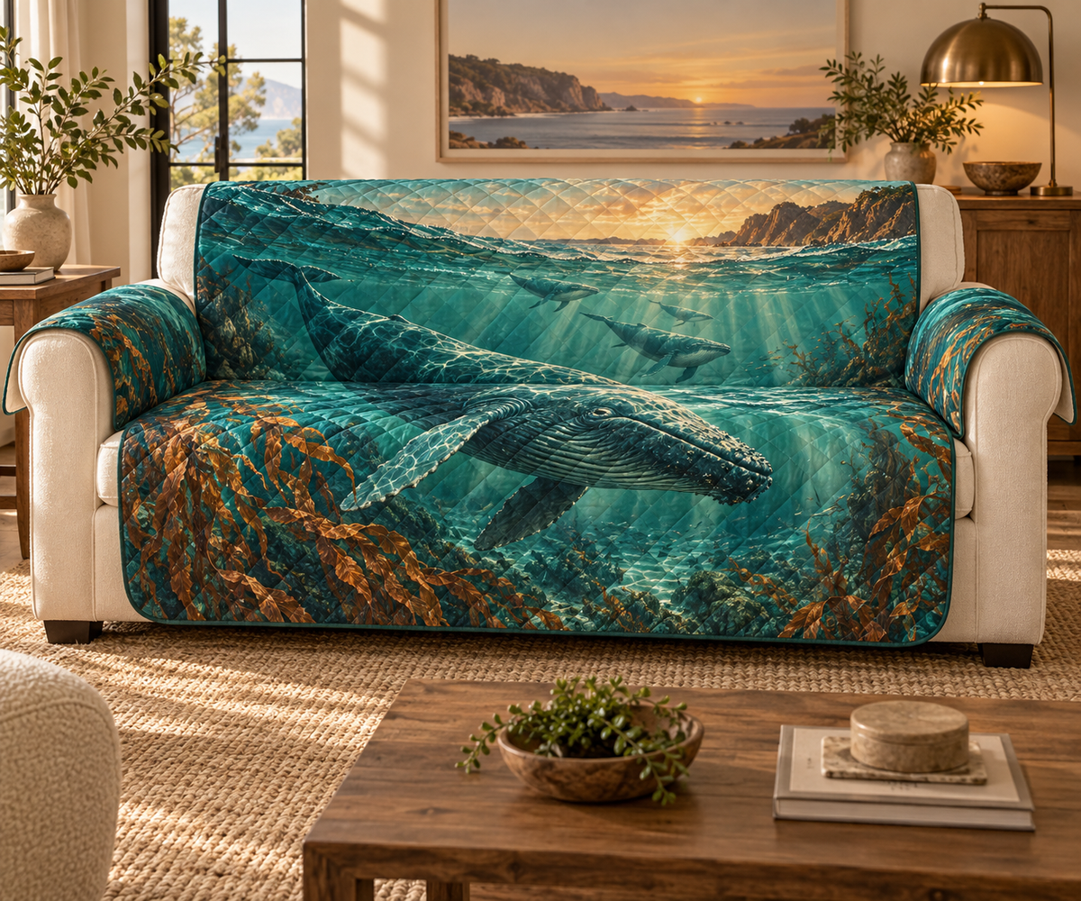 One sofa cover with original Whale Migration Emerald Horizon optical-depth print.