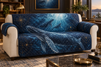 One sofa cover with original Whale Migration Celestial Current optical-depth print.