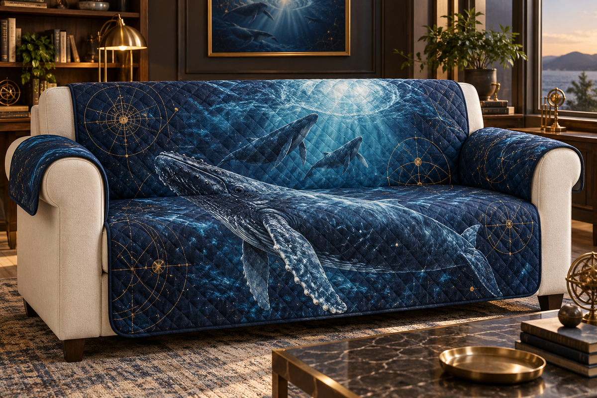 One sofa cover with original Whale Migration Celestial Current optical-depth print.