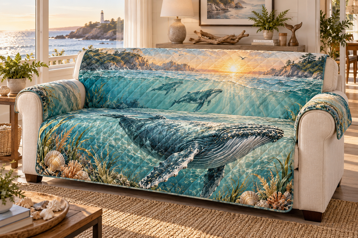 One sofa cover with original Whale Migration Welcome Cove optical-depth print.