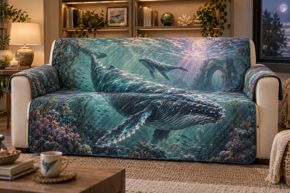 One sofa cover with original Whale Migration Moonlit Sanctuary optical-depth print.