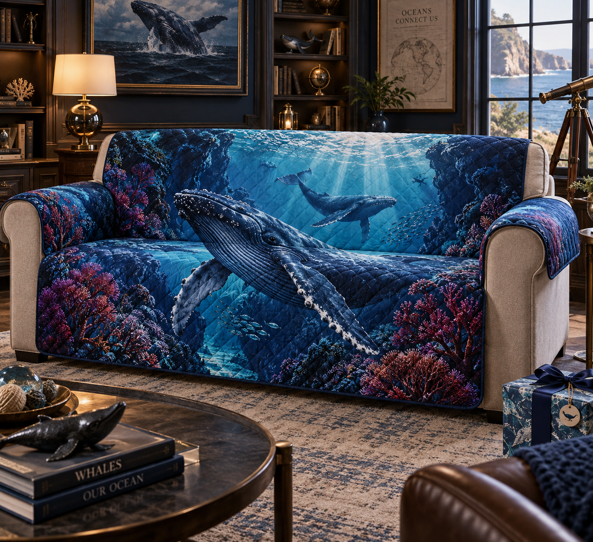 One sofa cover with original Whale Migration Sapphire Reliquary optical-depth print.