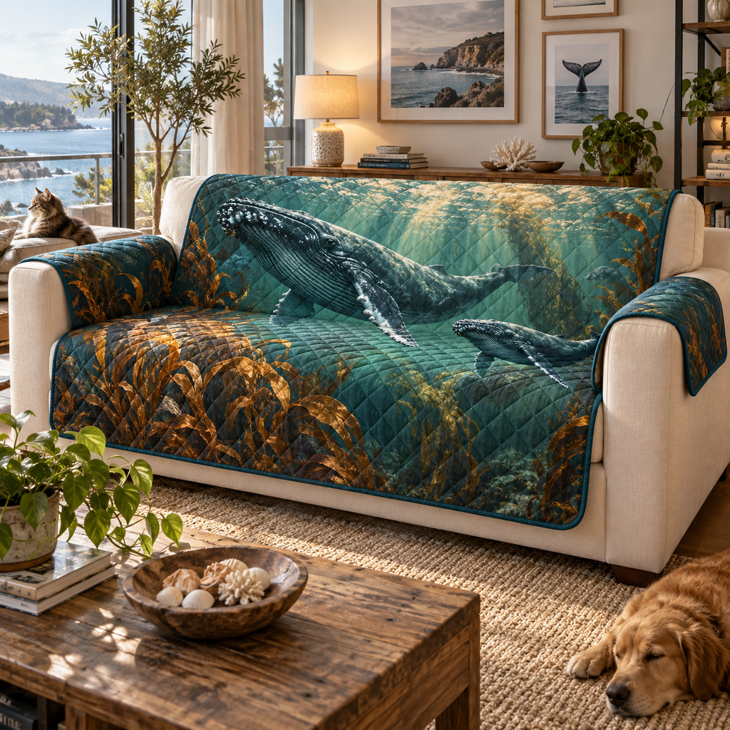 One sofa cover with original Whale Migration Copper Current Gallery optical-depth print.