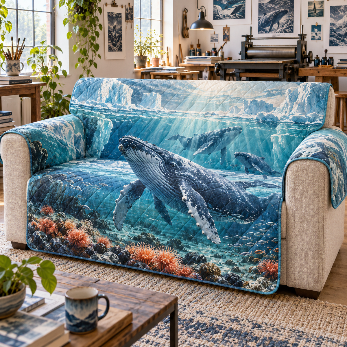 One sofa cover with original Whale Migration Polar Atelier optical-depth print.