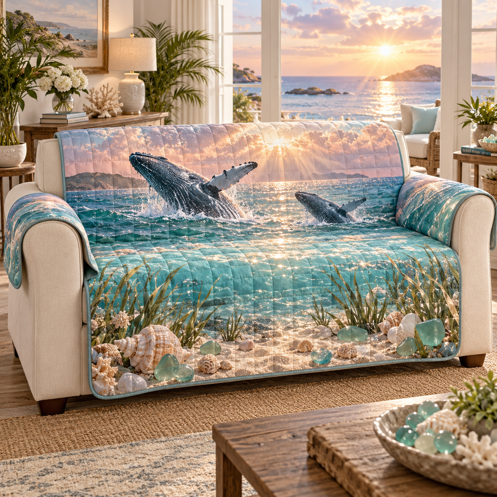 One sofa cover with original Whale Migration Rosewater Welcome optical-depth print.
