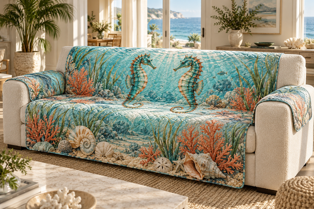 One sofa cover with original Seahorse Sunlit Reef Salon optical-depth print.