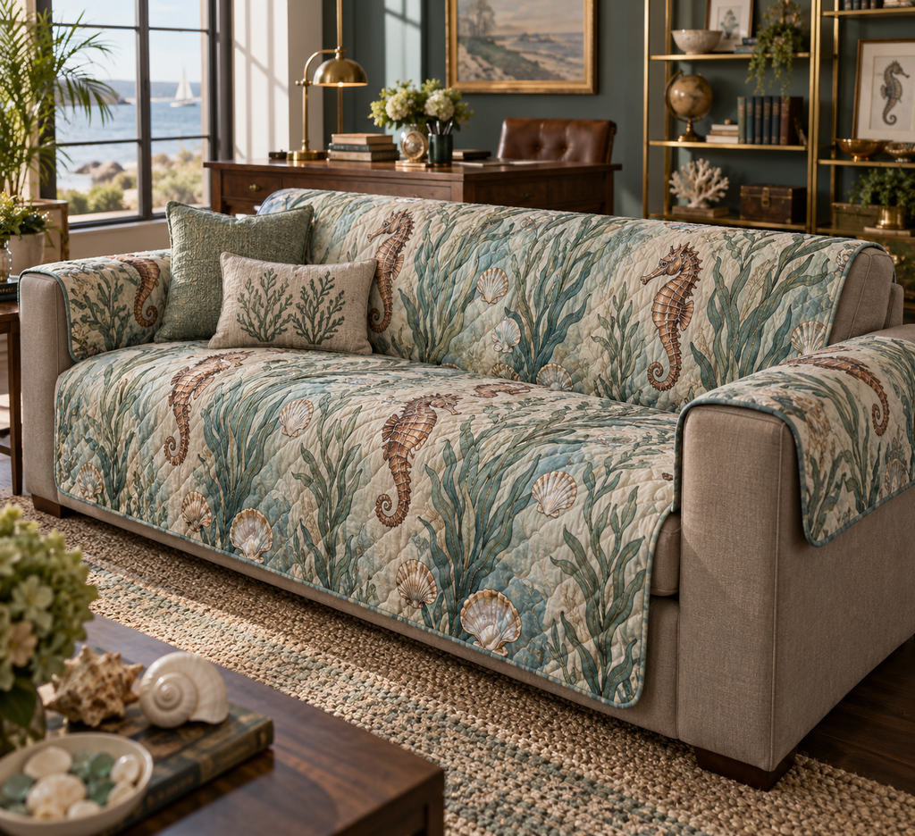 One sofa cover with original Seahorse Opal Tidal Archive optical-depth print.