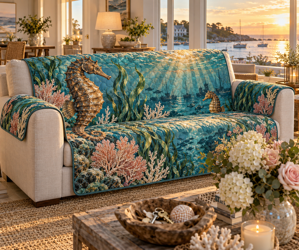 One sofa cover with original Seahorse Amber Harbor Welcome optical-depth print.