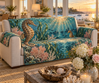 One sofa cover with original Seahorse Amber Harbor Welcome optical-depth print.