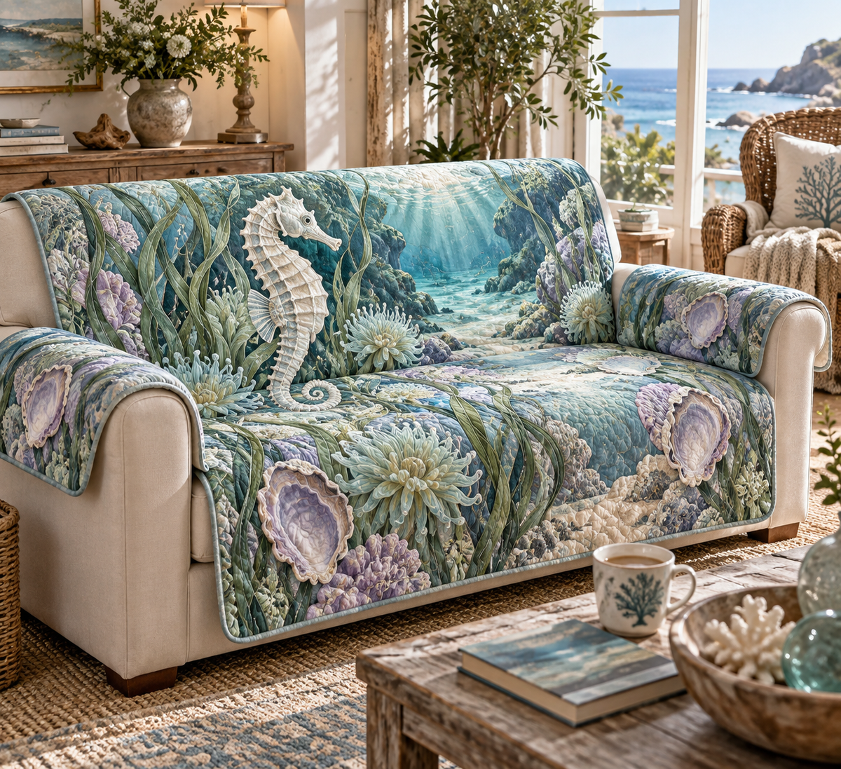 One sofa cover with original Seahorse Pearl Cove Reverie optical-depth print.