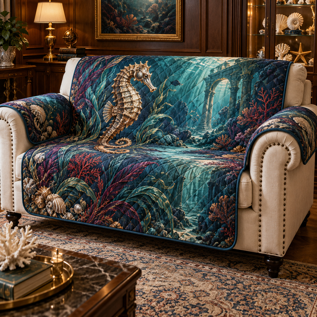 One sofa cover with original Seahorse Gilded Abyss Cabinet optical-depth print.