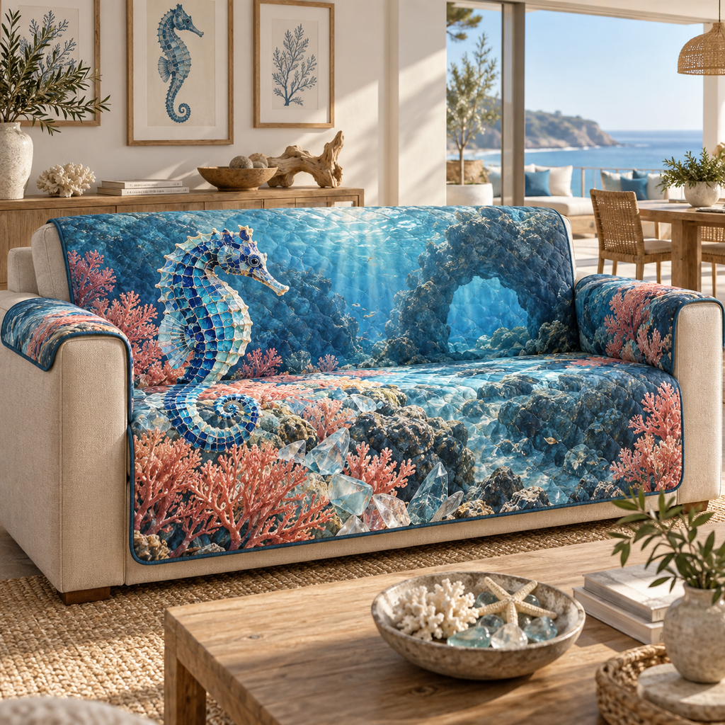 One sofa cover with original Seahorse Sea Glass Gallery optical-depth print.