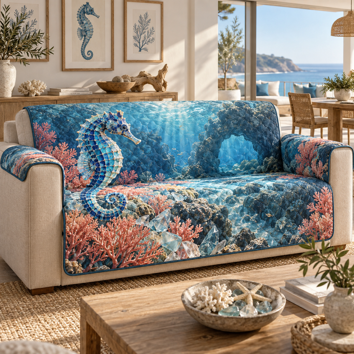 One sofa cover with original Seahorse Sea Glass Gallery optical-depth print.