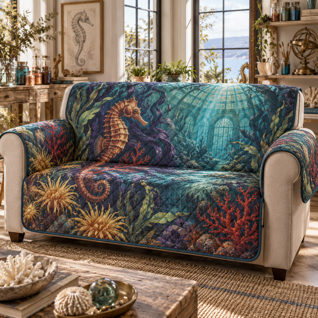 One sofa cover with original Seahorse Copper Current Atelier optical-depth print.