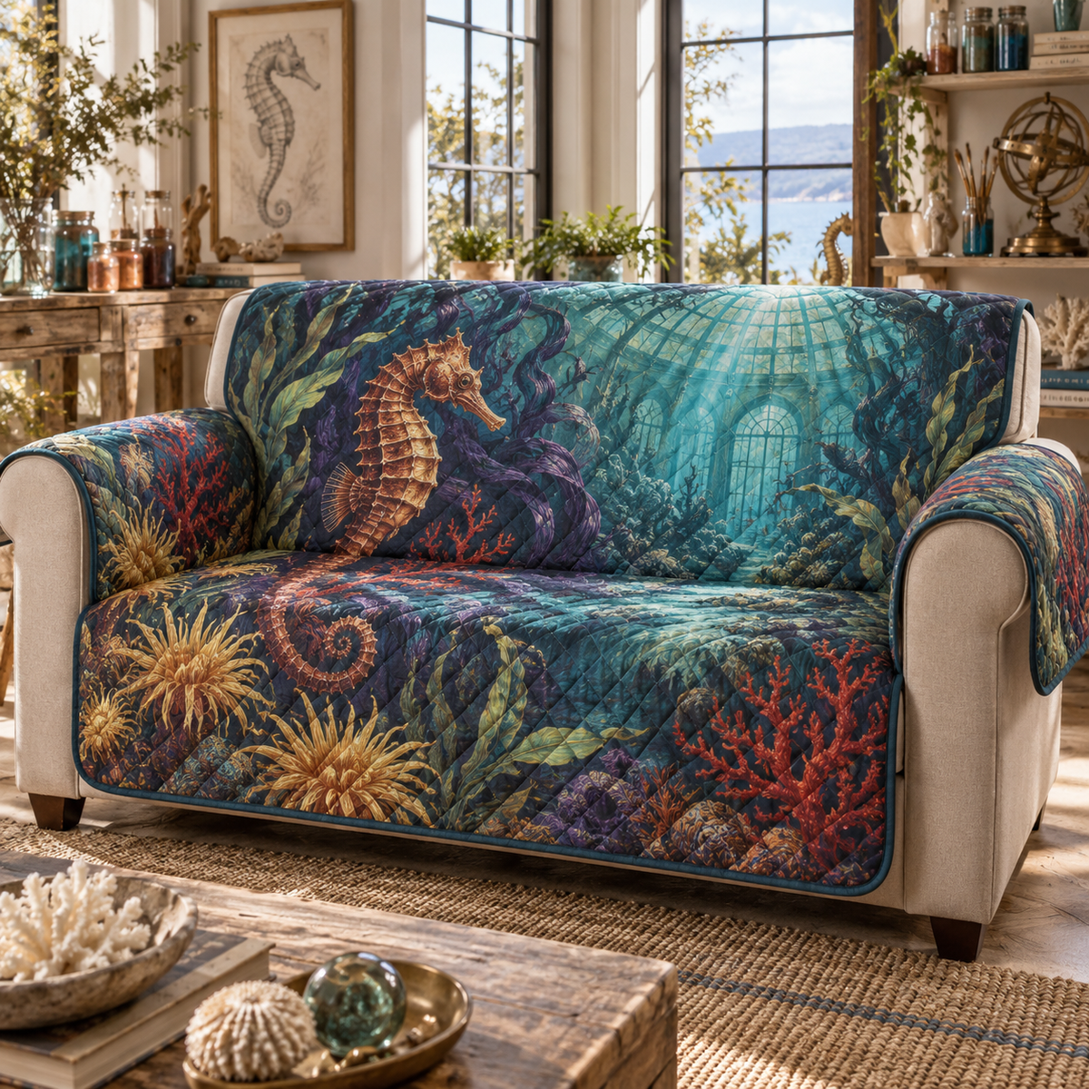 One sofa cover with original Seahorse Copper Current Atelier optical-depth print.