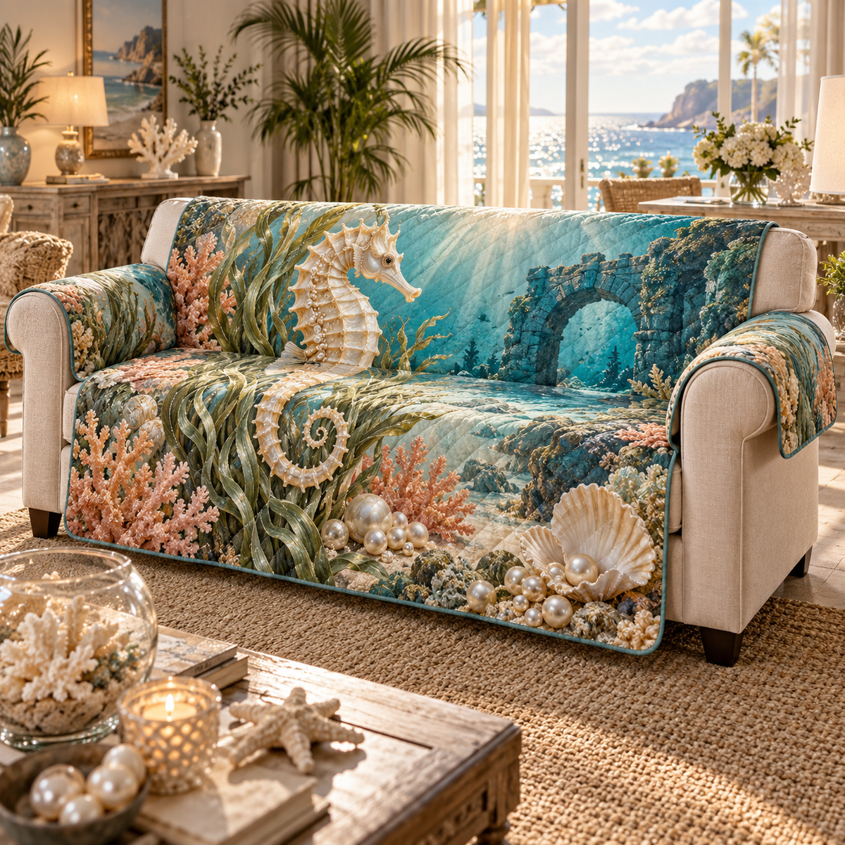One sofa cover with original Seahorse Champagne Tide Welcome optical-depth print.