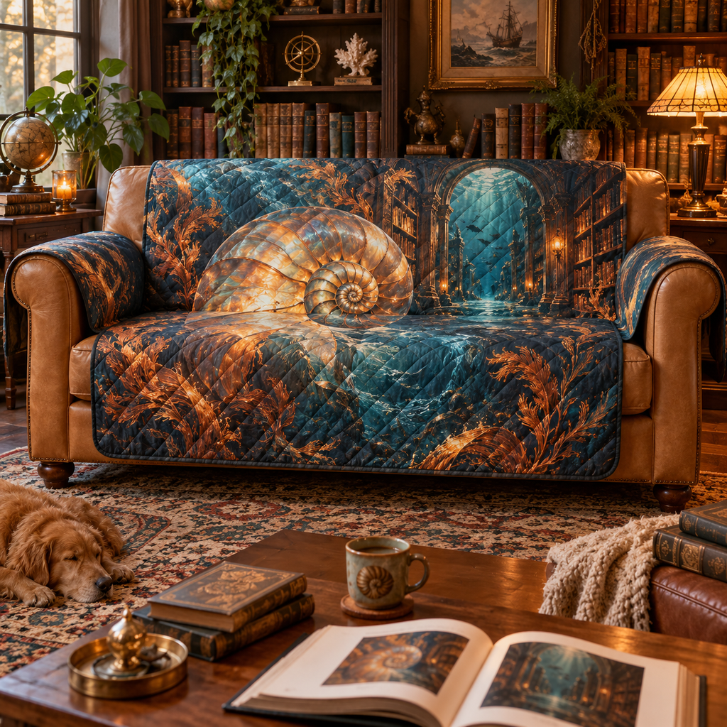 One sofa cover with original Nautilus Amber Library optical-depth print.
