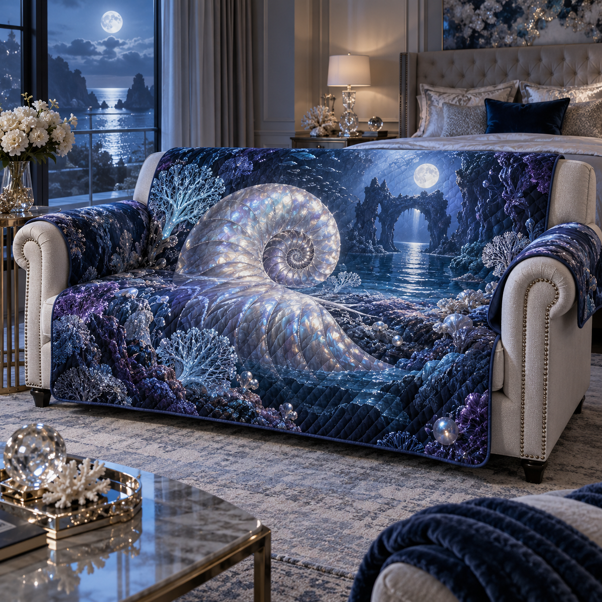 One sofa cover with original Nautilus Moonstone Observatory optical-depth print.