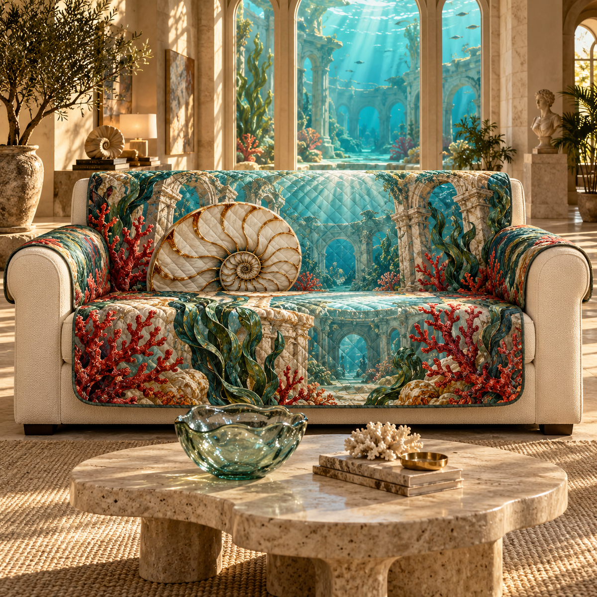 One sofa cover with original Nautilus Coral Atrium optical-depth print.