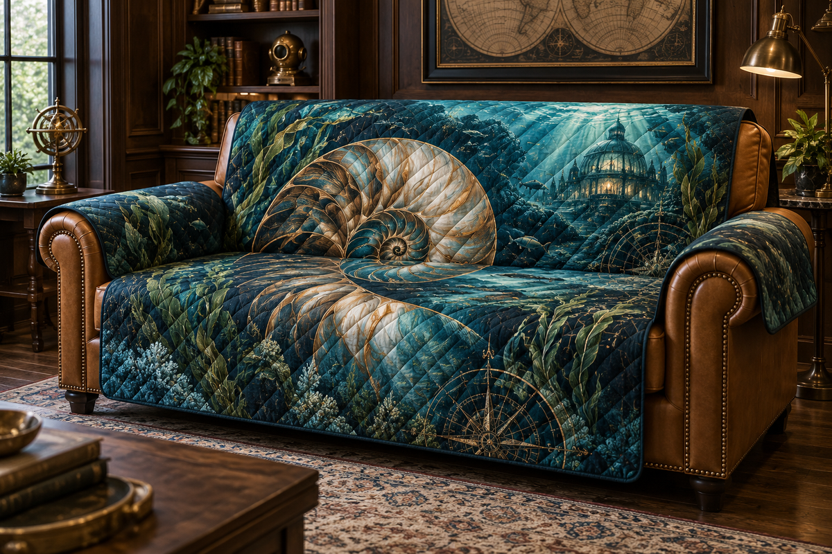 One sofa cover with original Nautilus Cartographer's Study optical-depth print.