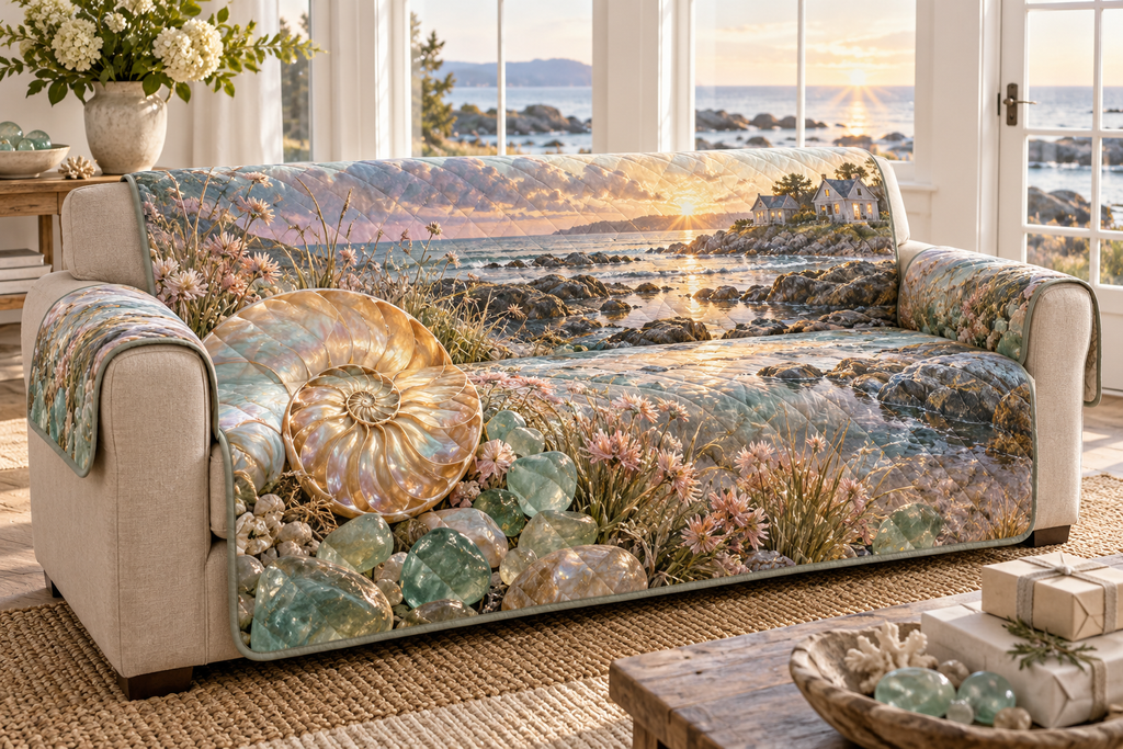 One sofa cover with original Nautilus Sea Glass Welcome optical-depth print.