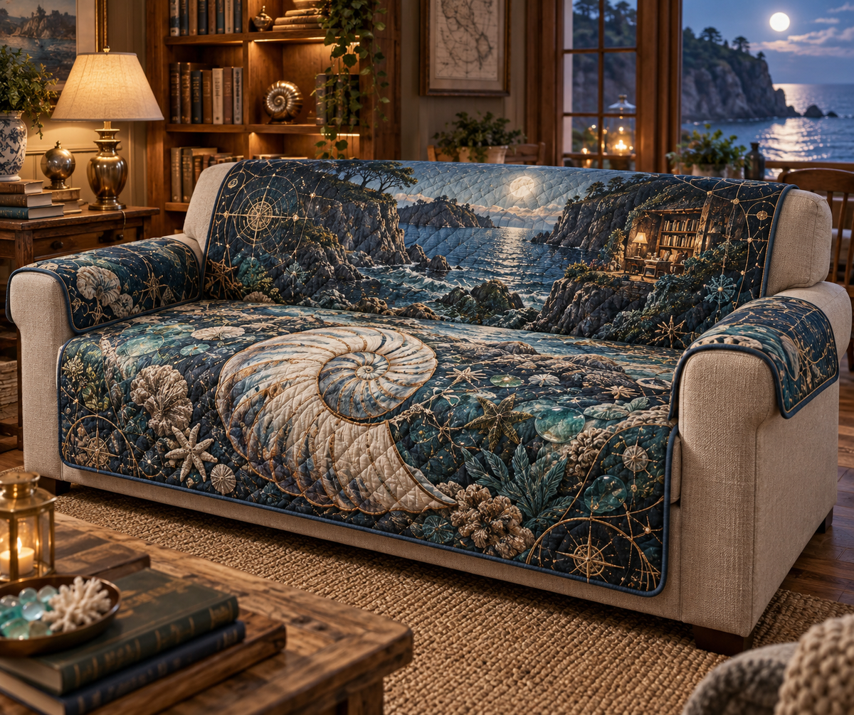 One sofa cover with original Nautilus Moonlit Reading Nook optical-depth print.