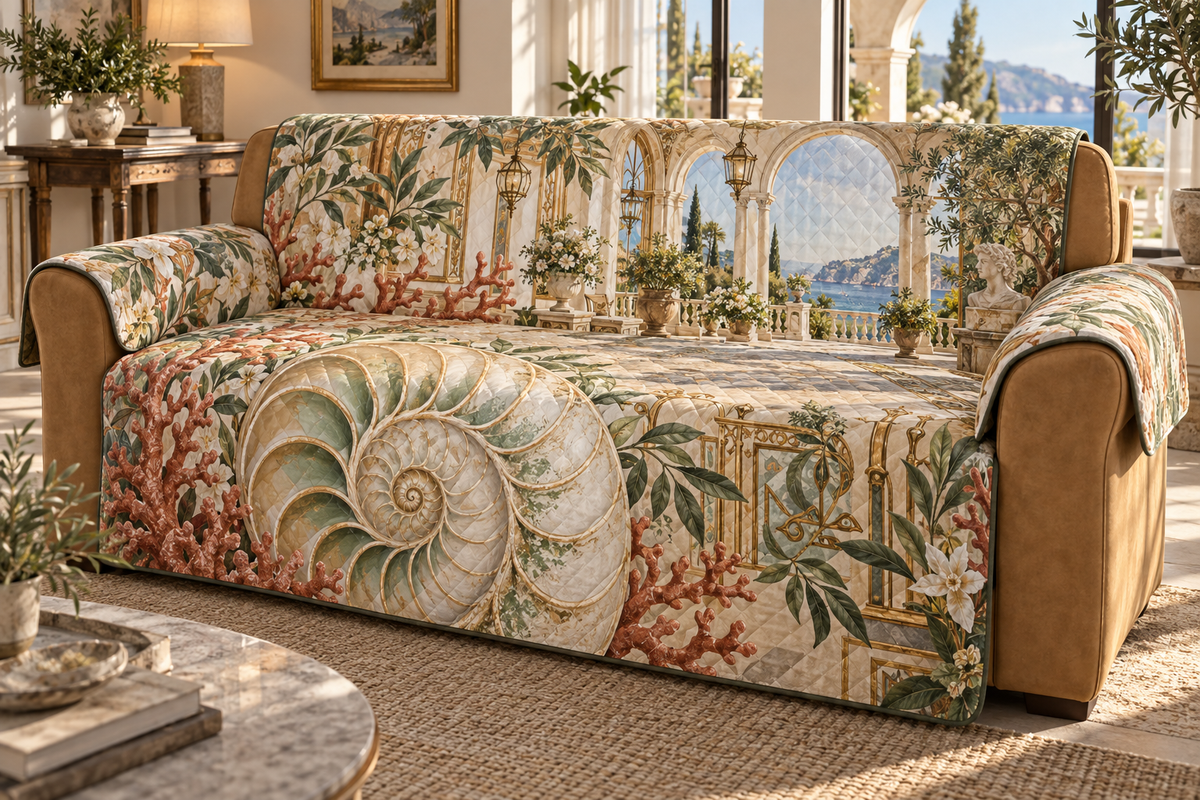 One sofa cover with original Nautilus Sunroom Gallery optical-depth print.