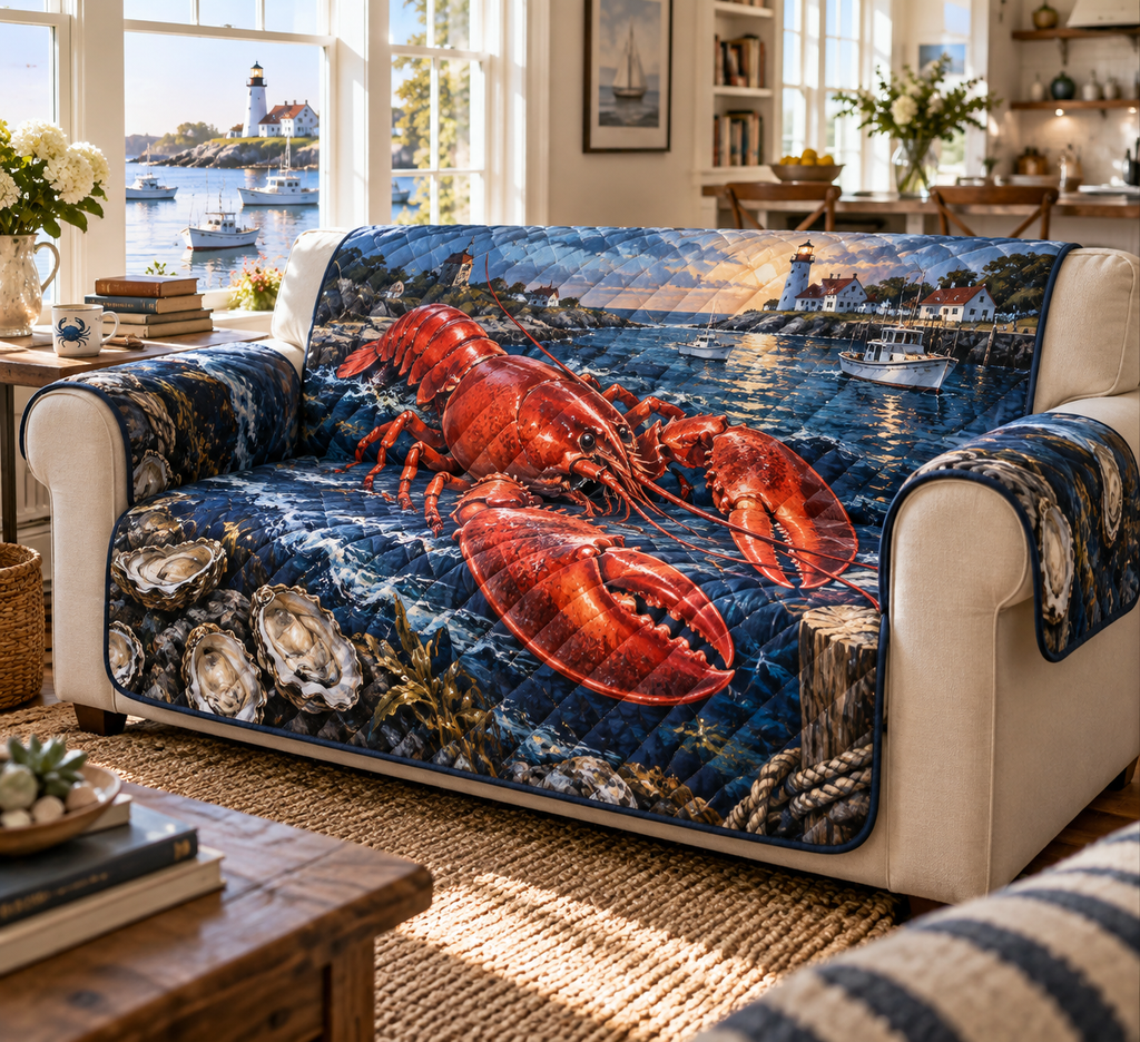 One sofa cover with original Lobster Harbor Library optical-depth print.