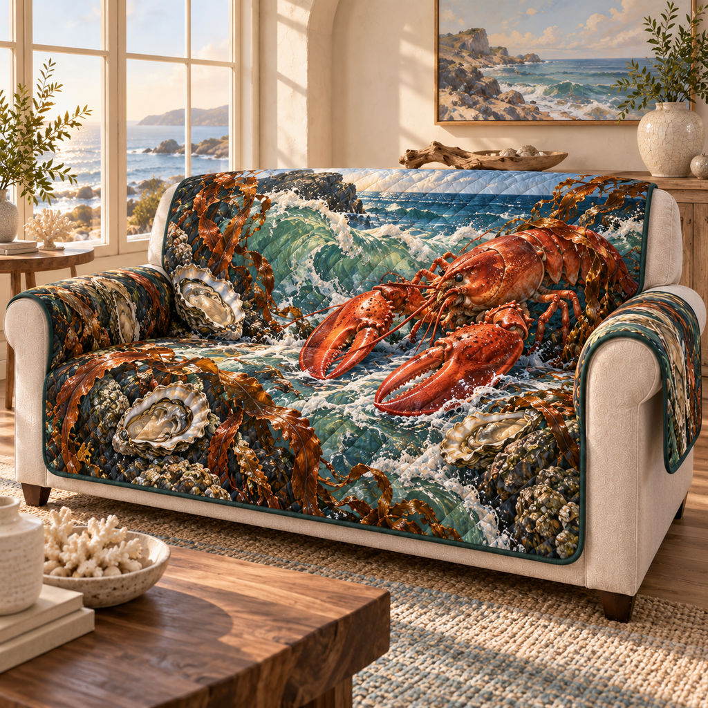 One sofa cover with original Lobster Tidal Canopy optical-depth print.