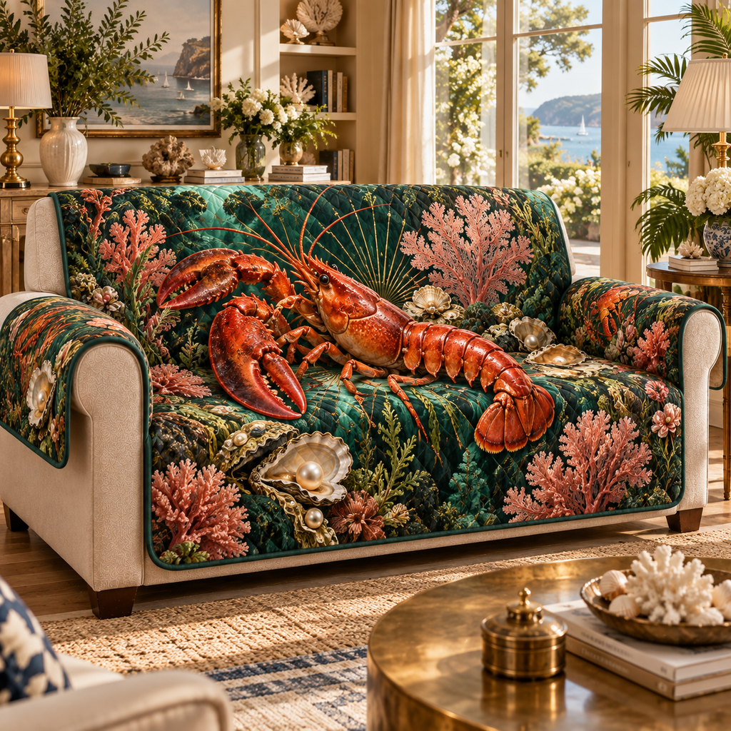 One sofa cover with original Lobster Coral Salon optical-depth print.