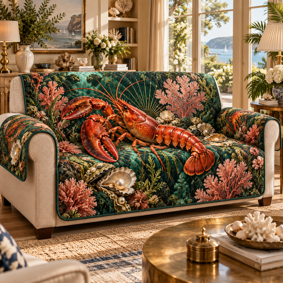 One sofa cover with original Lobster Coral Salon optical-depth print.