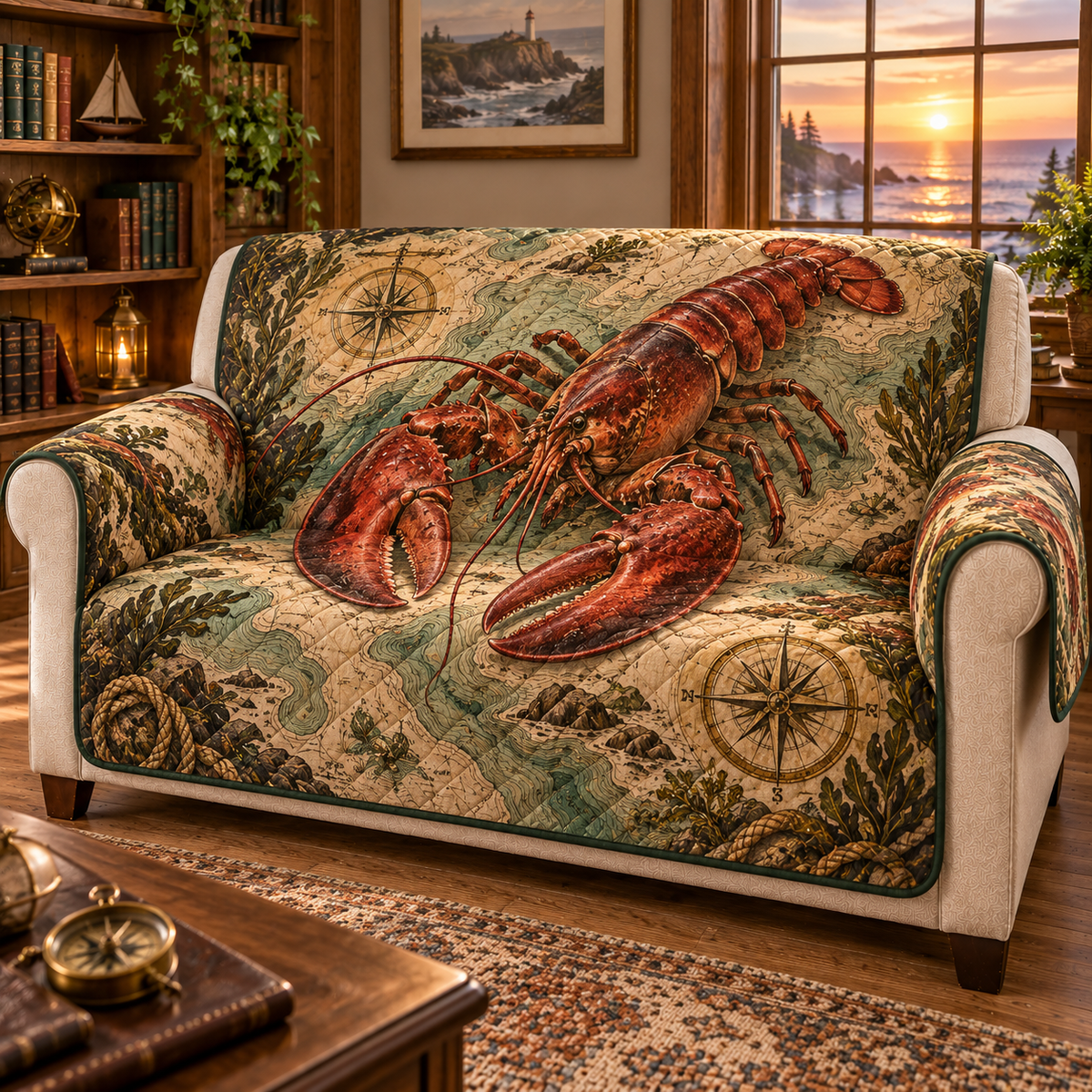One sofa cover with original Lobster Cartographer's Study optical-depth print.