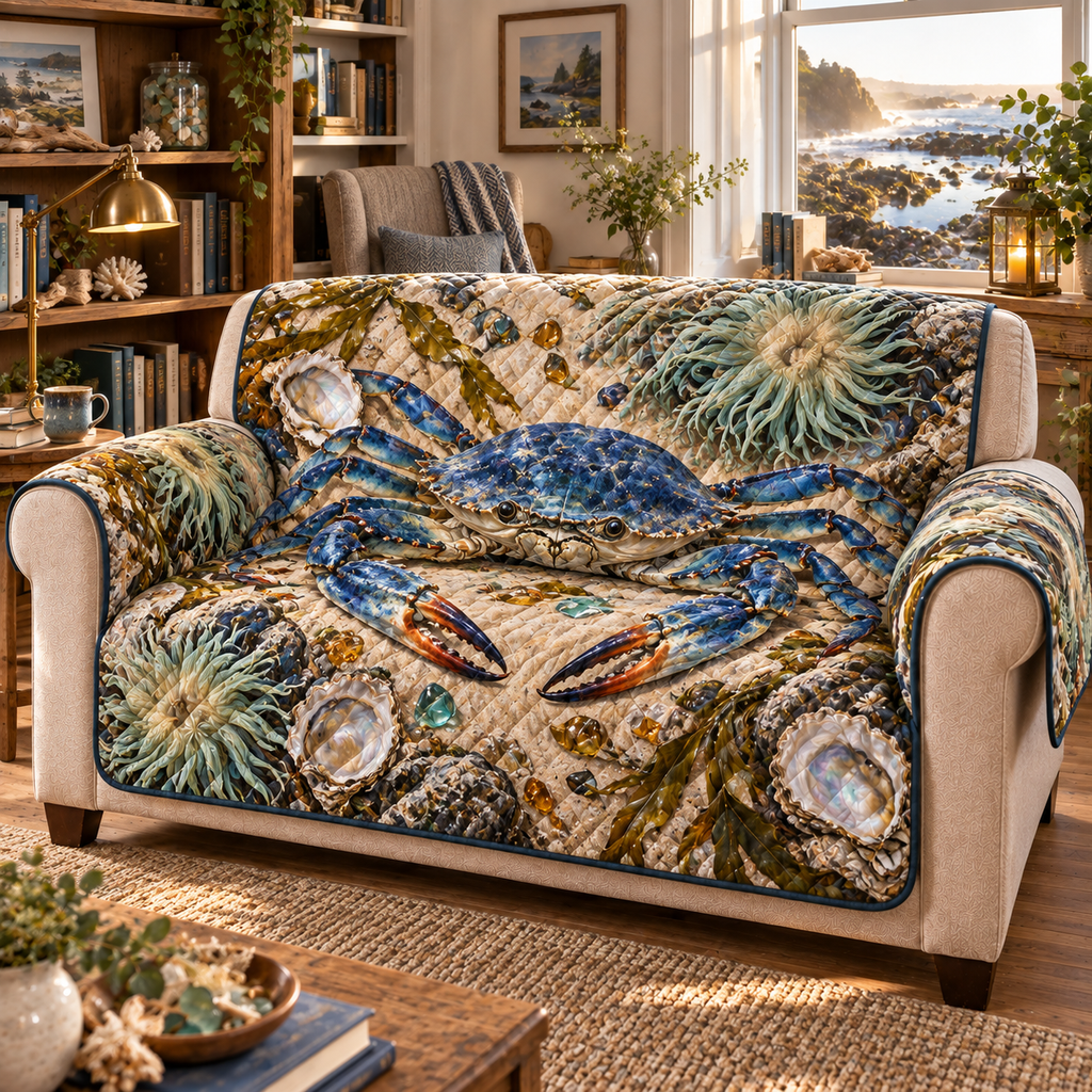One sofa cover with original Crab Tidepool Reading Room optical-depth print.