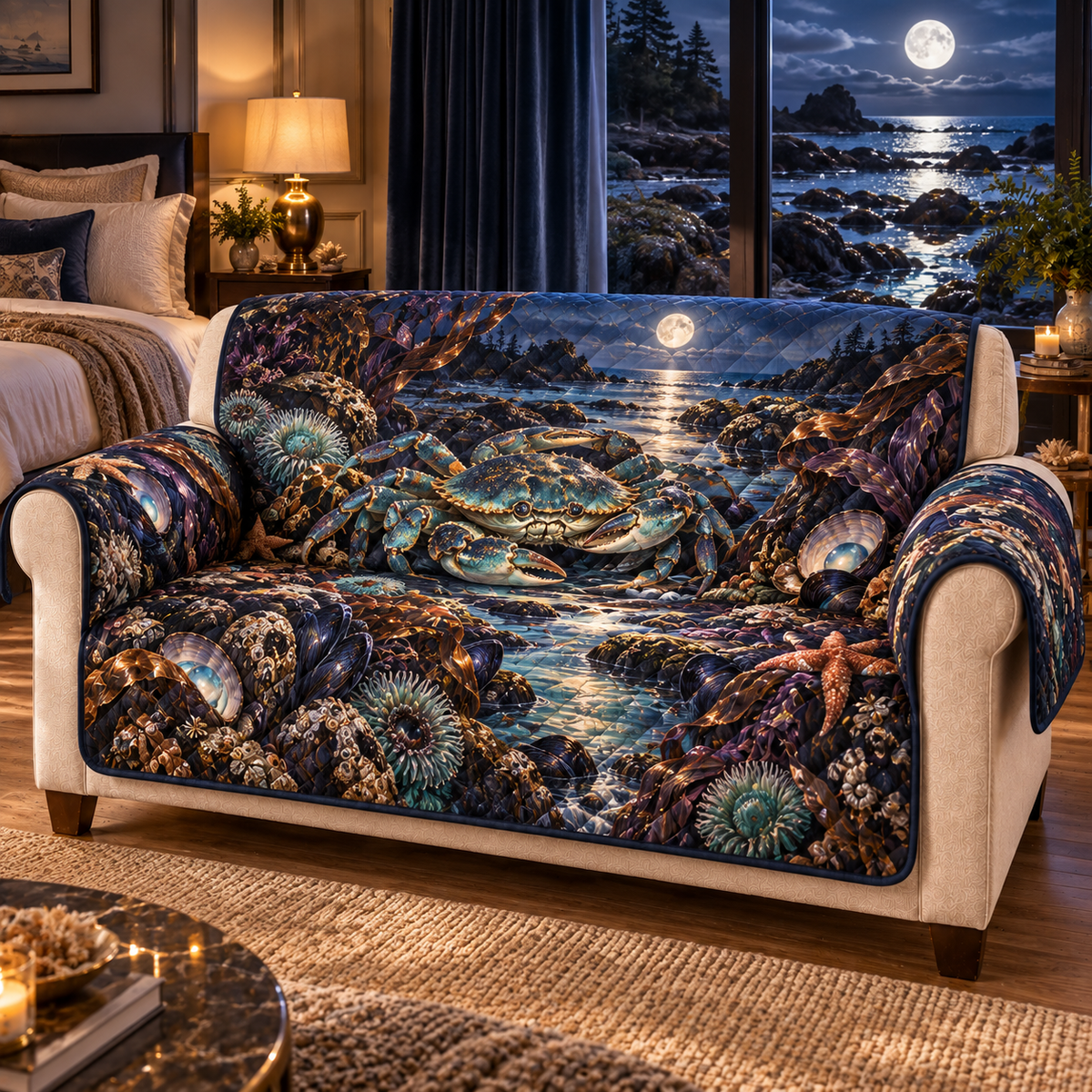 One sofa cover with original Crab Moonlit Tidal Chamber optical-depth print.