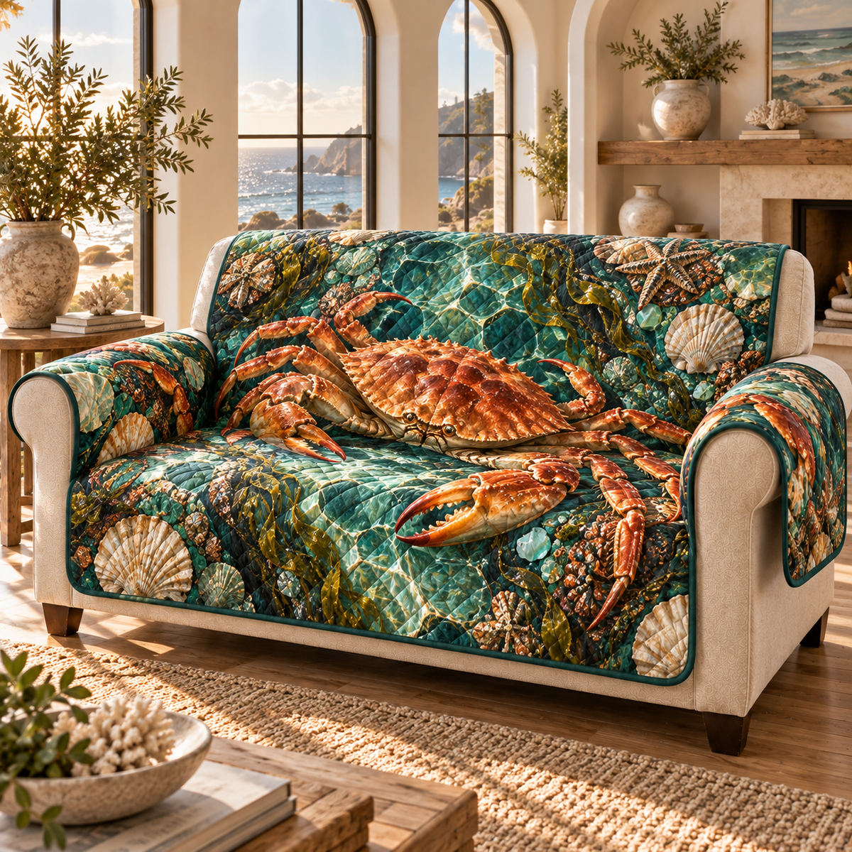 One sofa cover with original Crab Sunlit Tidal Salon optical-depth print.