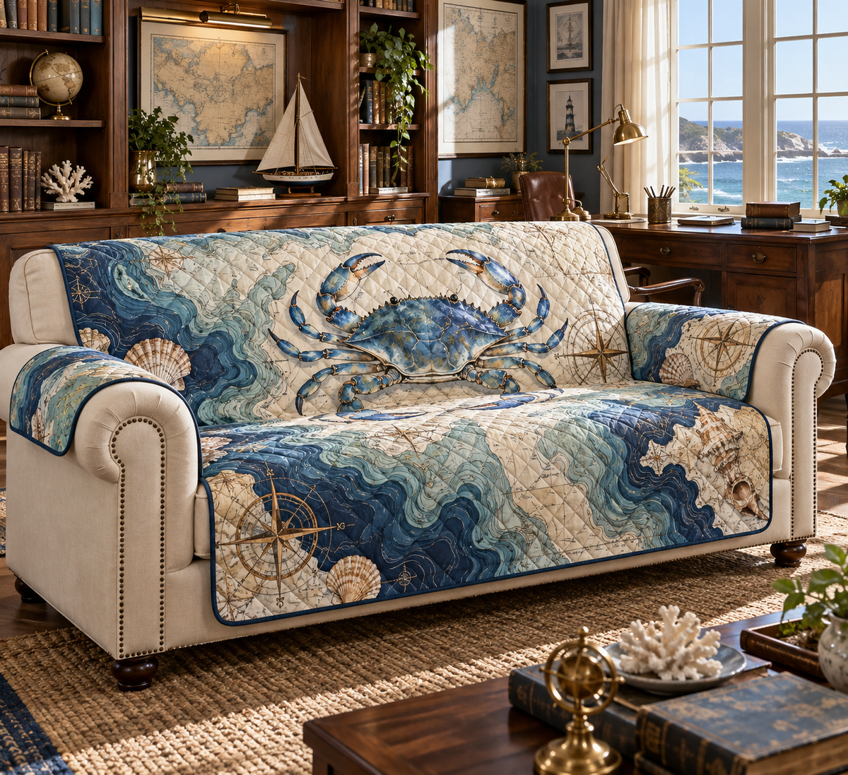 One sofa cover with original Crab Cartographer Study optical-depth print.