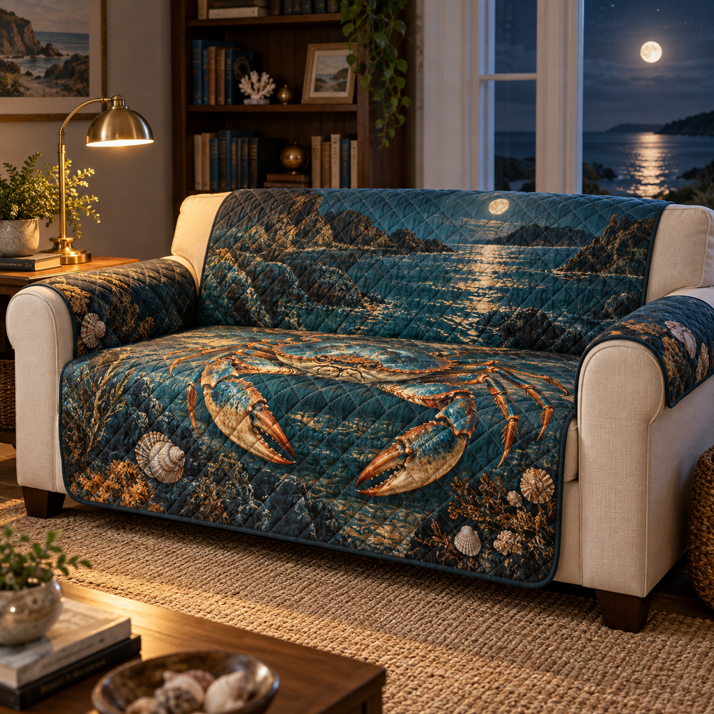 One sofa cover with original Crab Moonlit Tide Library optical-depth print.