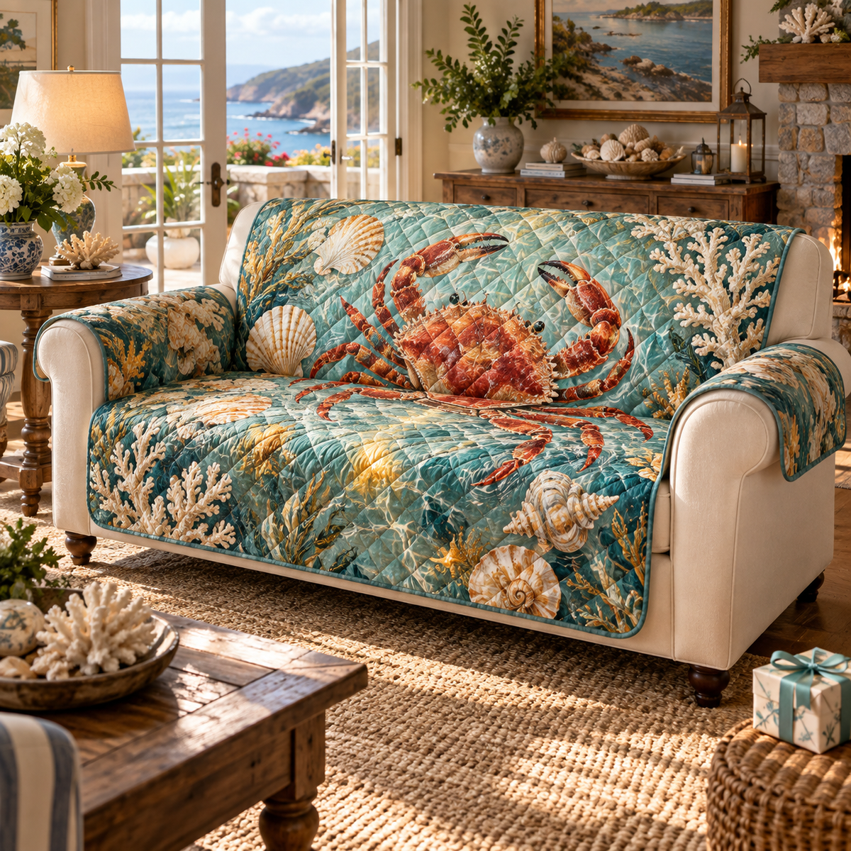 One sofa cover with original Crab Garnet Shoal Birthday optical-depth print.
